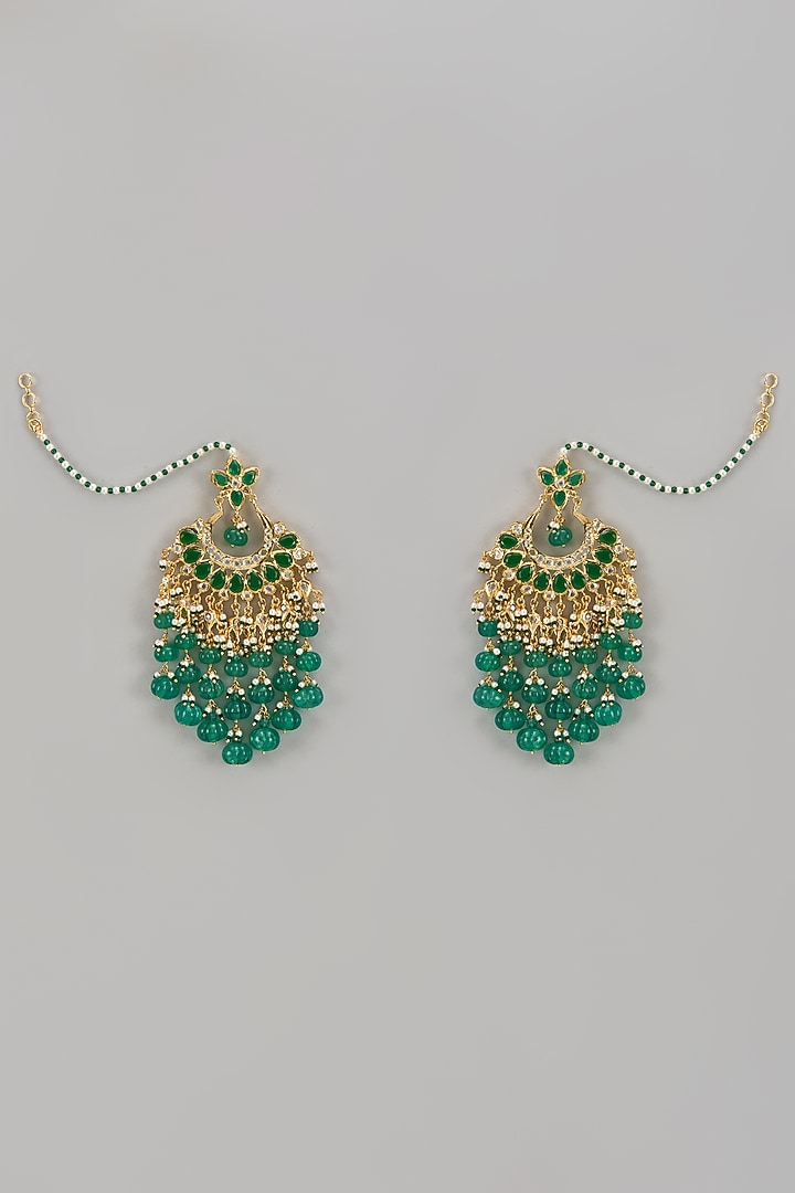 Gold Plated Kundan Polki & Green Carved Onyx Chandbali Earrings by Kiara at Pernia's Pop Up Shop