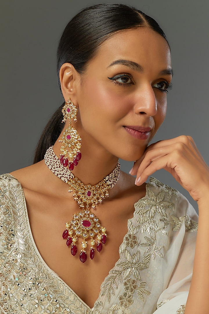 Gold Plated Kundan Polki & Red Beaded Choker Necklace Set by Kiara at Pernia's Pop Up Shop