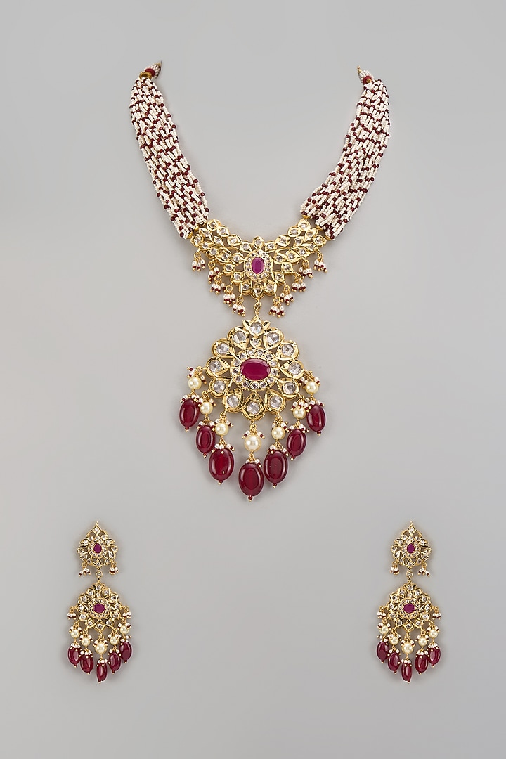 Gold Plated Kundan Polki & Red Beaded Choker Necklace Set by Kiara at Pernia's Pop Up Shop