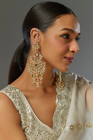 Gold Plated Navaratna Stone Chandbali Earrings by Kiara