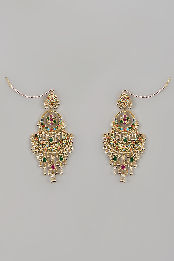 Gold Plated Navaratna Stone Chandbali Earrings by Kiara at Pernia's Pop Up Shop