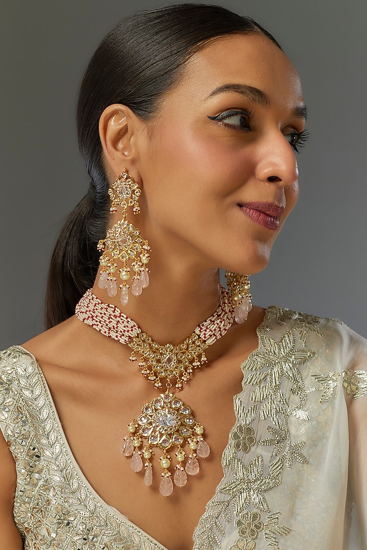 Gold Plated Kundan Polki & Pink Carved Beaded Necklace Set by Kiara at Pernia's Pop Up Shop