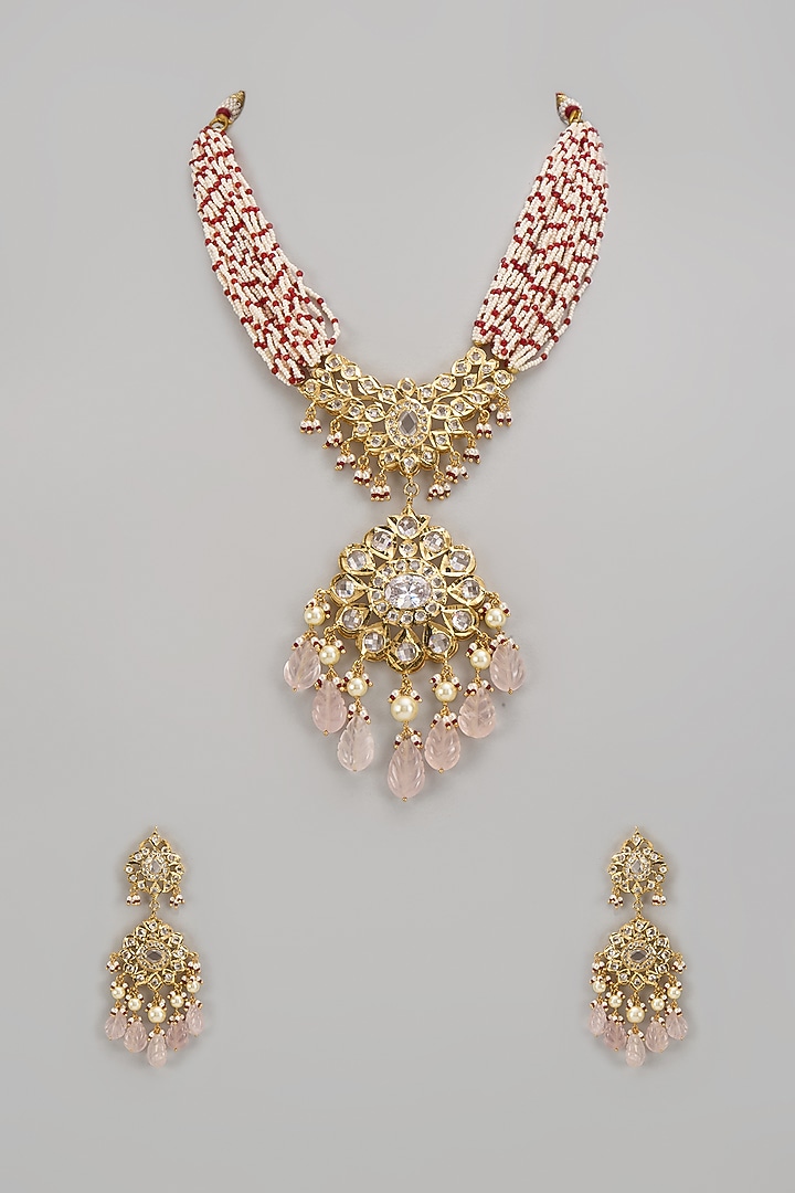 Gold Plated Kundan Polki & Pink Carved Beaded Necklace Set by Kiara at Pernia's Pop Up Shop