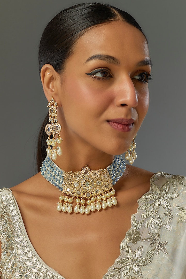 Gold Plated Kundan Polki & Blue beaded Choker Necklace Set by Kiara at Pernia's Pop Up Shop