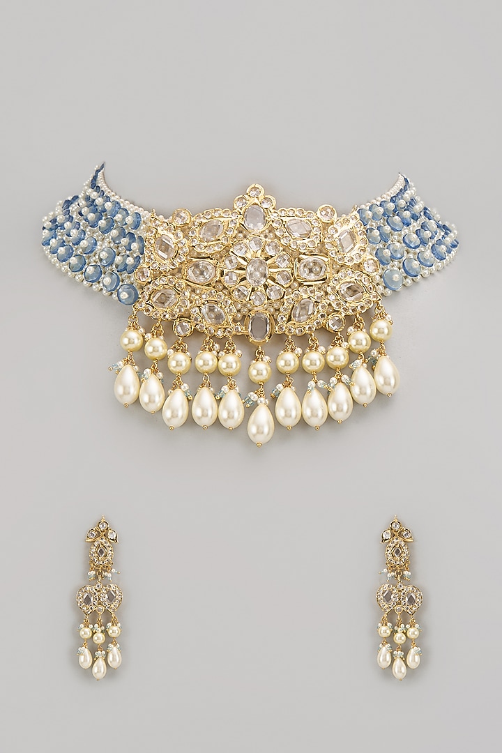 Gold Plated Kundan Polki & Blue beaded Choker Necklace Set by Kiara at Pernia's Pop Up Shop