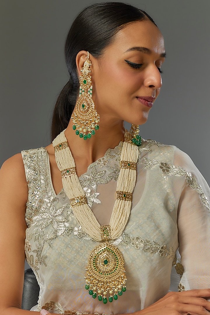 Gold Plated Kundan Polki & Green beaded Long Necklace Set by Kiara at Pernia's Pop Up Shop
