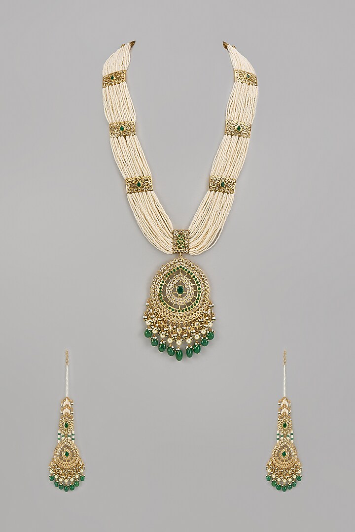 Gold Plated Kundan Polki & Green beaded Long Necklace Set by Kiara at Pernia's Pop Up Shop