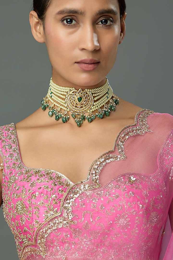 Gold Plated Kundan Polki & Green Onyx Stone Choker Necklace by Kiara at Pernia's Pop Up Shop