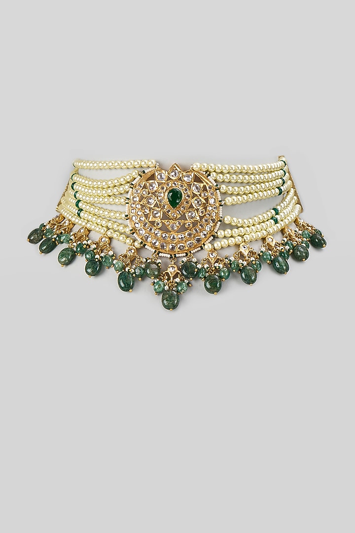 Gold Plated Kundan Polki & Green Onyx Stone Choker Necklace by Kiara at Pernia's Pop Up Shop