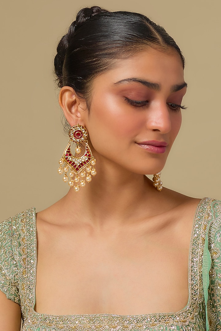Gold Finish Ruby Stone & Pearl Drop Chandbali Earrings In Sterling Silver by Kiara Luxe at Pernia's Pop Up Shop