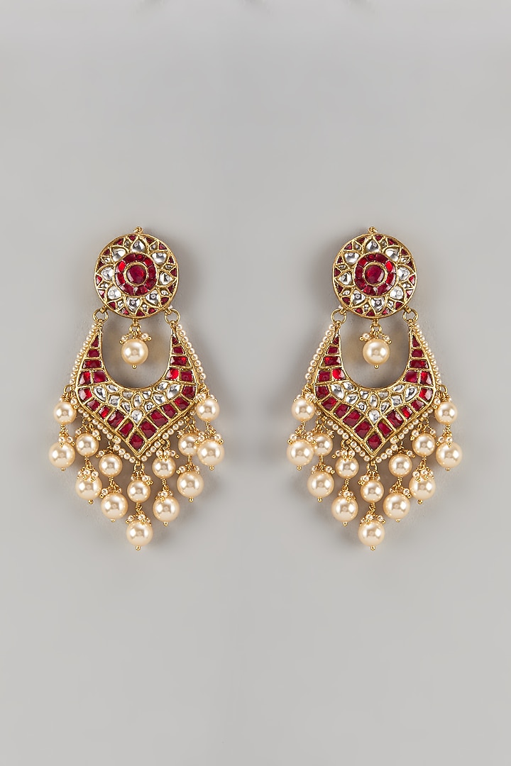 Gold Finish Ruby Stone & Pearl Drop Chandbali Earrings In Sterling Silver by Kiara Luxe at Pernia's Pop Up Shop