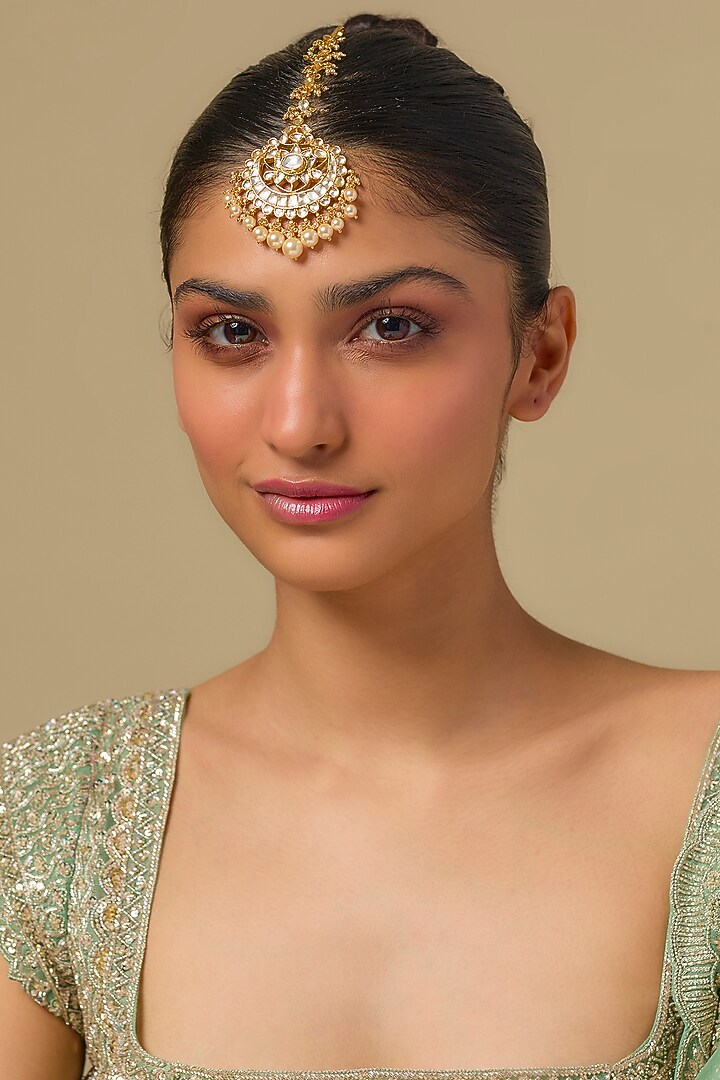 Gold Finish Kundan Polki Maangtikka In Sterling Silver by Kiara at Pernia's Pop Up Shop