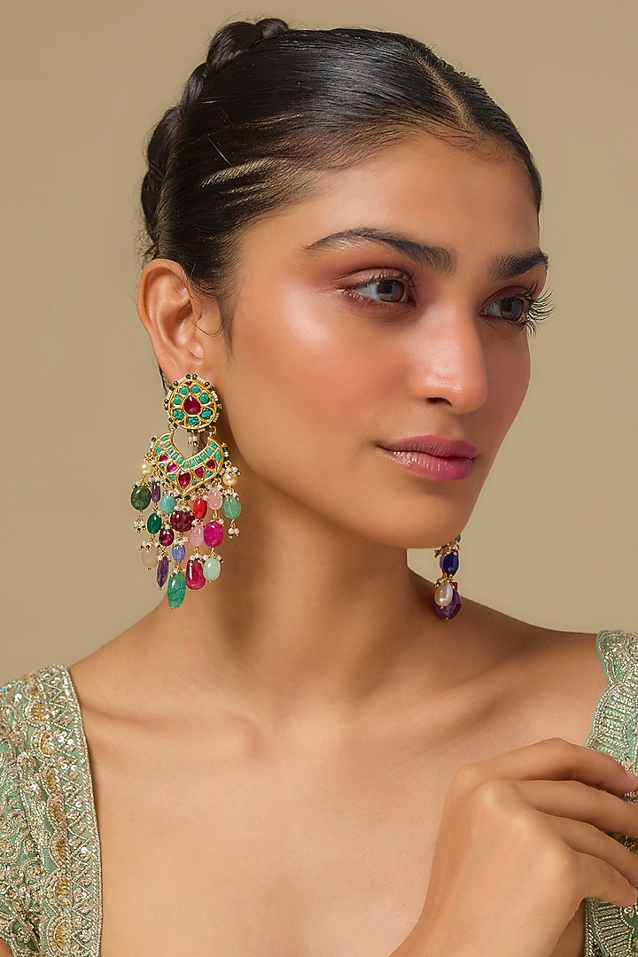 Gold Finish Multi-Colored Stone Chandbali Earrings In Sterling Silver by Kiara Luxe at Pernia's Pop Up Shop