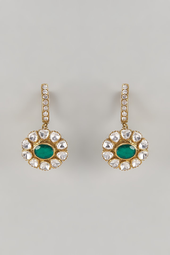 Gold Finish Kundan Polki & Emerald Stone Dangler Earrings In Sterling Silver by Kiara Luxe at Pernia's Pop Up Shop