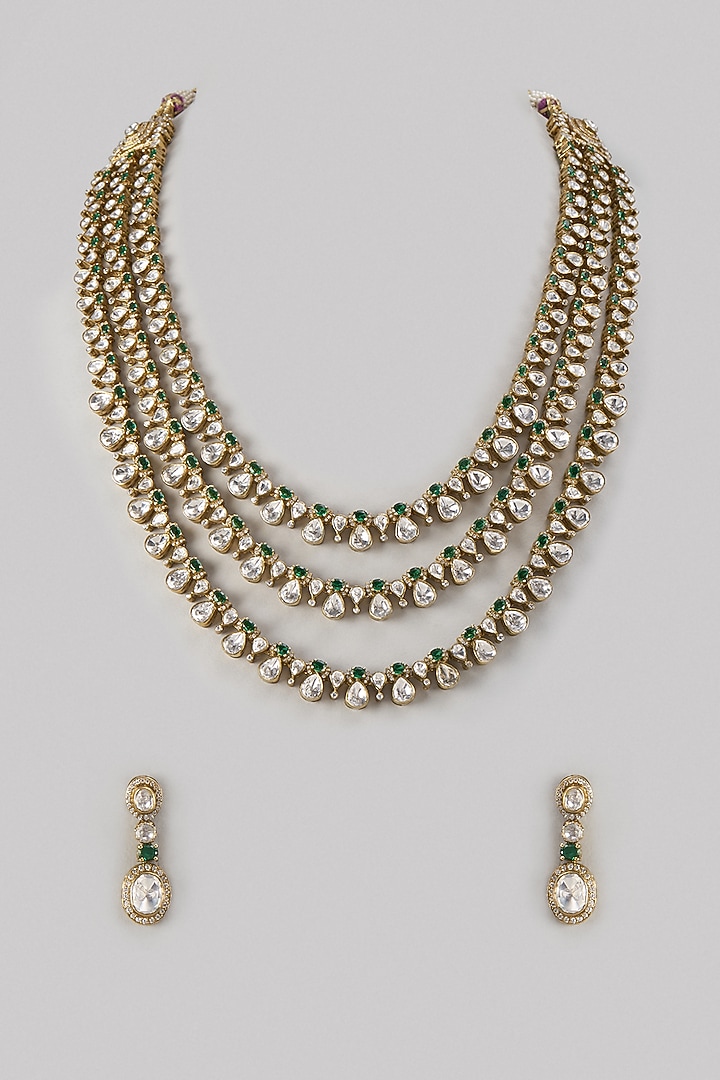 Gold Finish Kundan Polki Layered Necklace Set In Sterling Silver by Kiara Luxe at Pernia's Pop Up Shop
