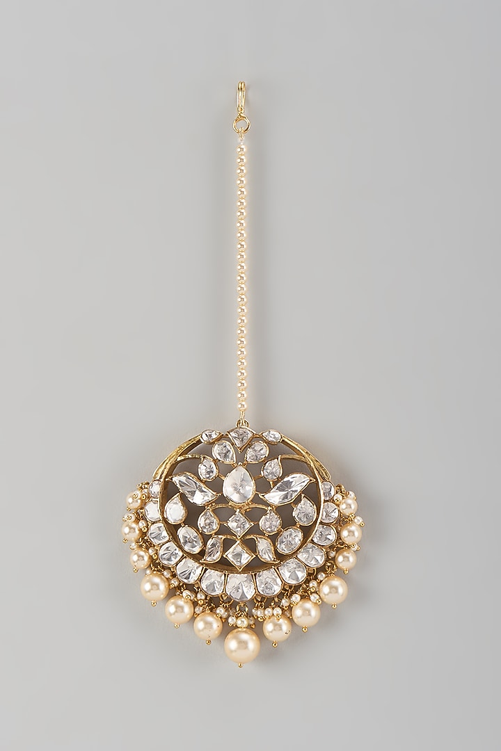 Gold Finish Kundan Polki & Pearl Maangtikka In Sterling Silver by Kiara Luxe at Pernia's Pop Up Shop