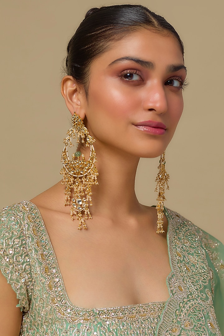 Gold Finish Kundan Polki Chandbali Earrings In Sterling Silver by Kiara Luxe at Pernia's Pop Up Shop