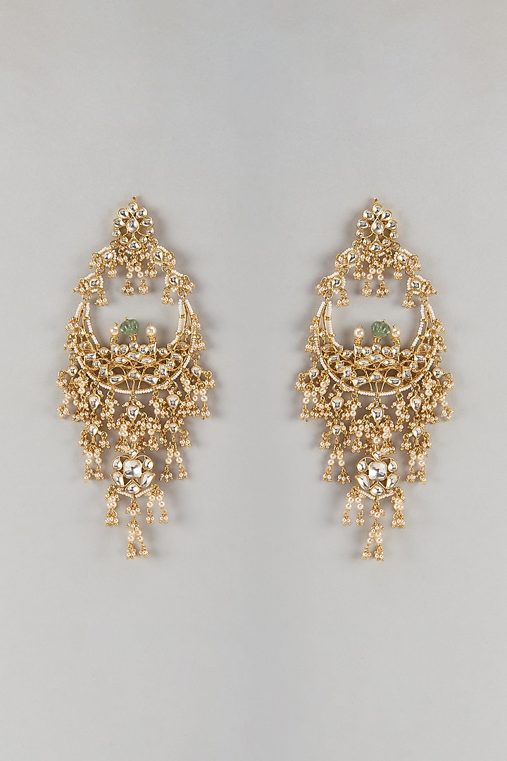 Gold Finish Kundan Polki Chandbali Earrings In Sterling Silver by Kiara Luxe at Pernia's Pop Up Shop
