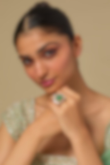Gold Finish Kundan Polki & Emerald Stone Ring In Sterling Silver by Kiara Luxe at Pernia's Pop Up Shop