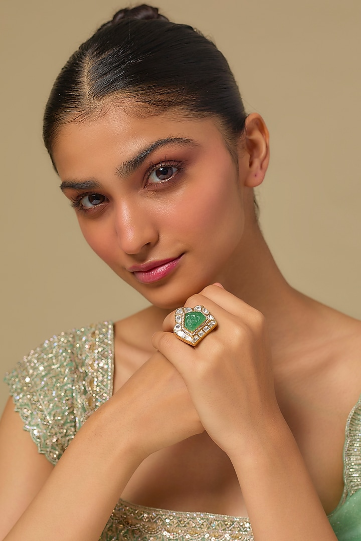 Gold Finish Kundan Polki & Emerald Stone Ring In Sterling Silver by Kiara Luxe at Pernia's Pop Up Shop