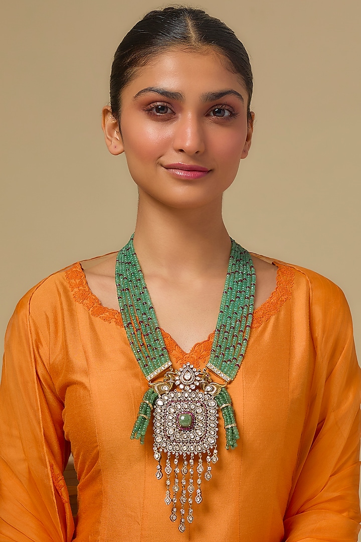 Gold Finish Kundan Polki & Emerald Beaded Necklace In Sterling Silver by Kiara Luxe at Pernia's Pop Up Shop