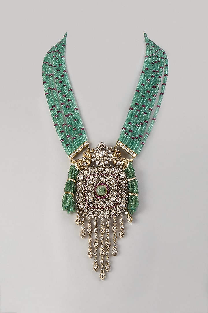 Gold Finish Kundan Polki & Emerald Beaded Necklace In Sterling Silver by Kiara Luxe at Pernia's Pop Up Shop