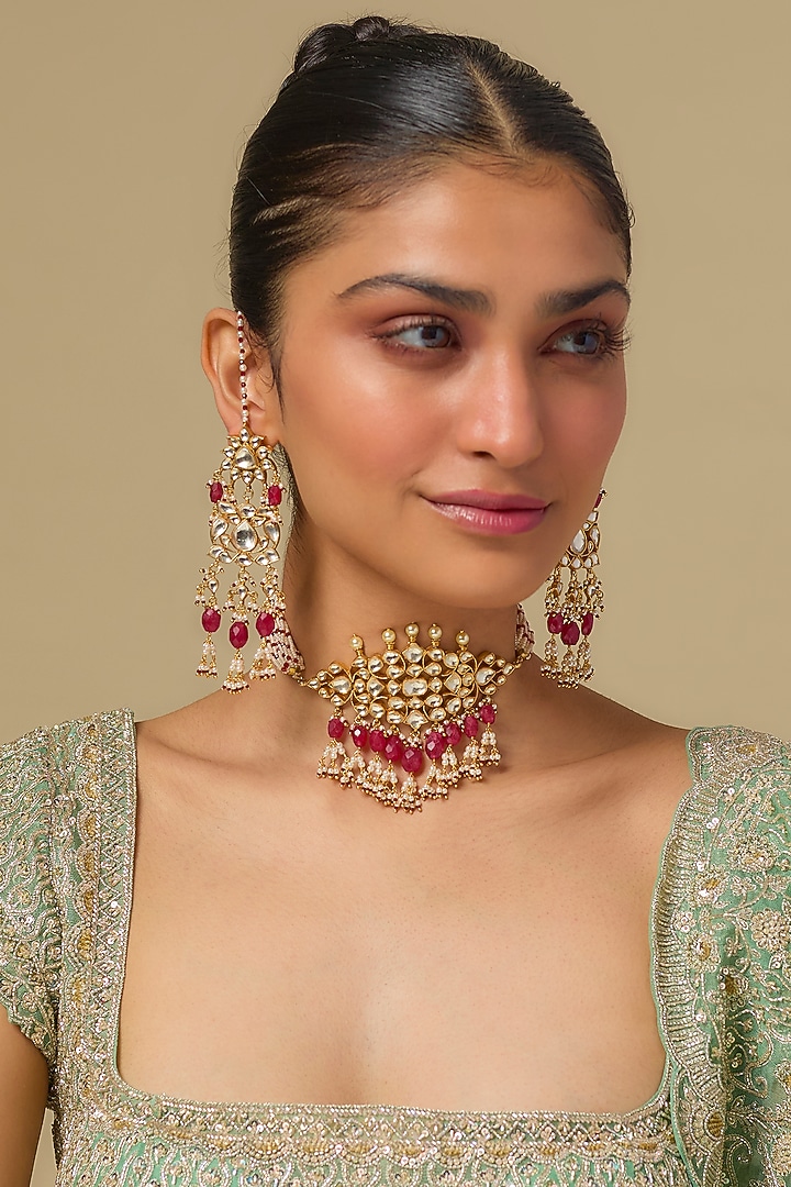 Gold Finish Kundan Polki & Ruby Stone Choker Necklace Set In Sterling Silver by Kiara Luxe at Pernia's Pop Up Shop