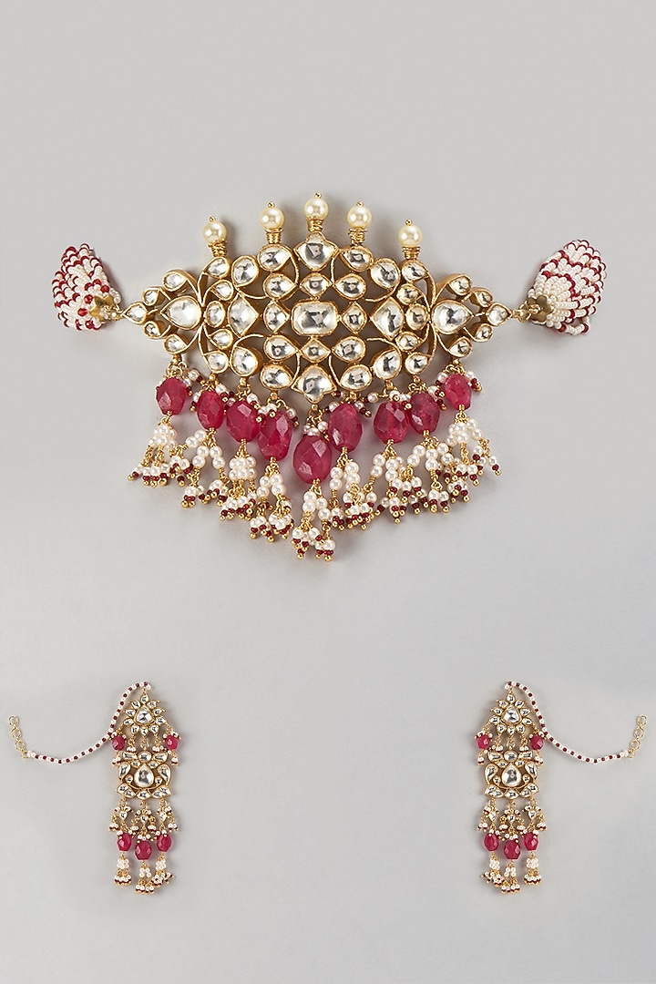 Gold Finish Kundan Polki & Ruby Stone Choker Necklace Set In Sterling Silver by Kiara Luxe at Pernia's Pop Up Shop