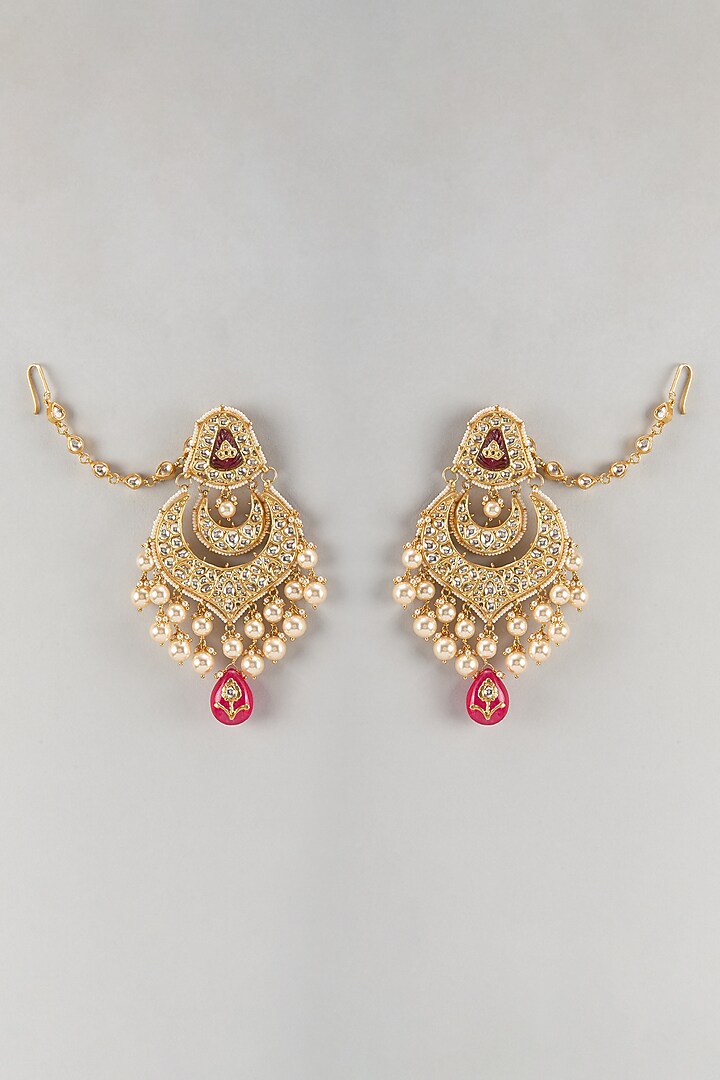 Gold Finish Kundan Polki & Ruby Stone Chandbali Earrings In Sterling Silver by Kiara Luxe at Pernia's Pop Up Shop