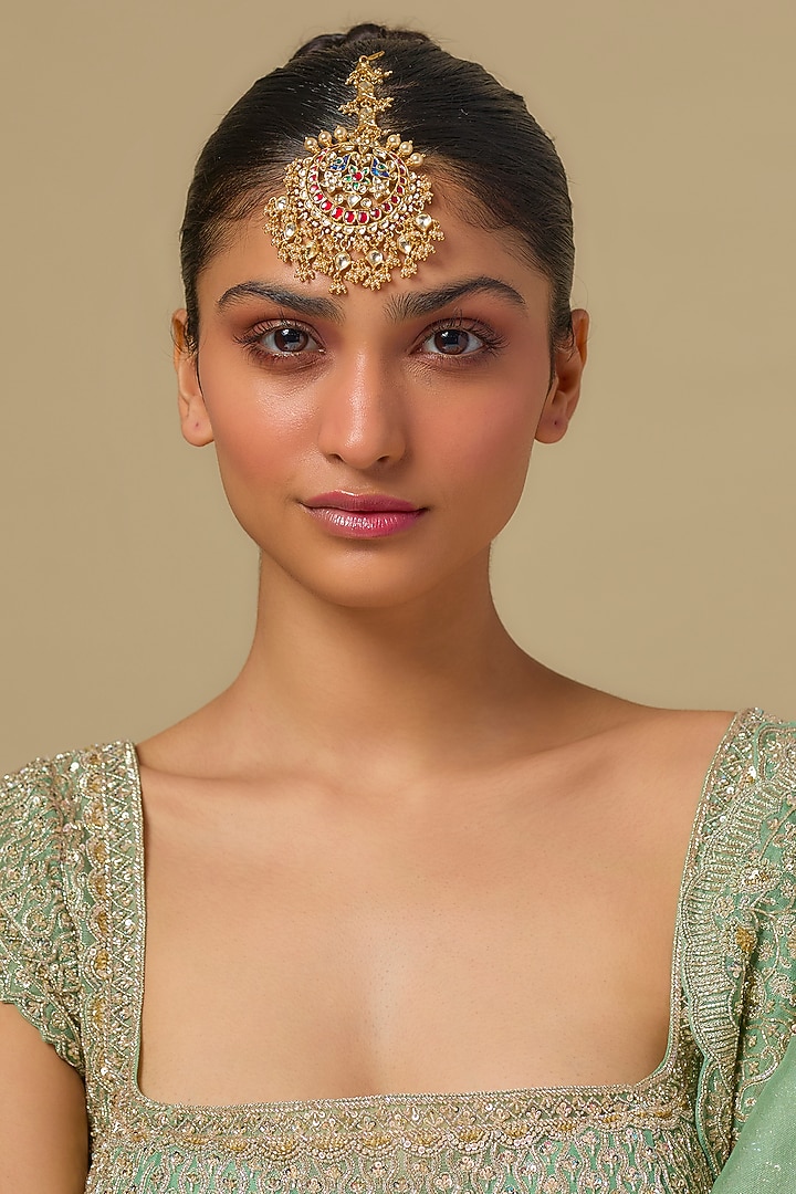 Gold Finish Kundan Polki & Multi-Colored Stone Maangtikka In Sterling Silver by Kiara Luxe at Pernia's Pop Up Shop