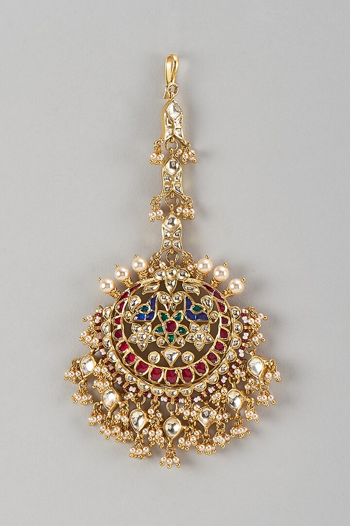 Gold Finish Kundan Polki & Multi-Colored Stone Maangtikka In Sterling Silver by Kiara Luxe at Pernia's Pop Up Shop