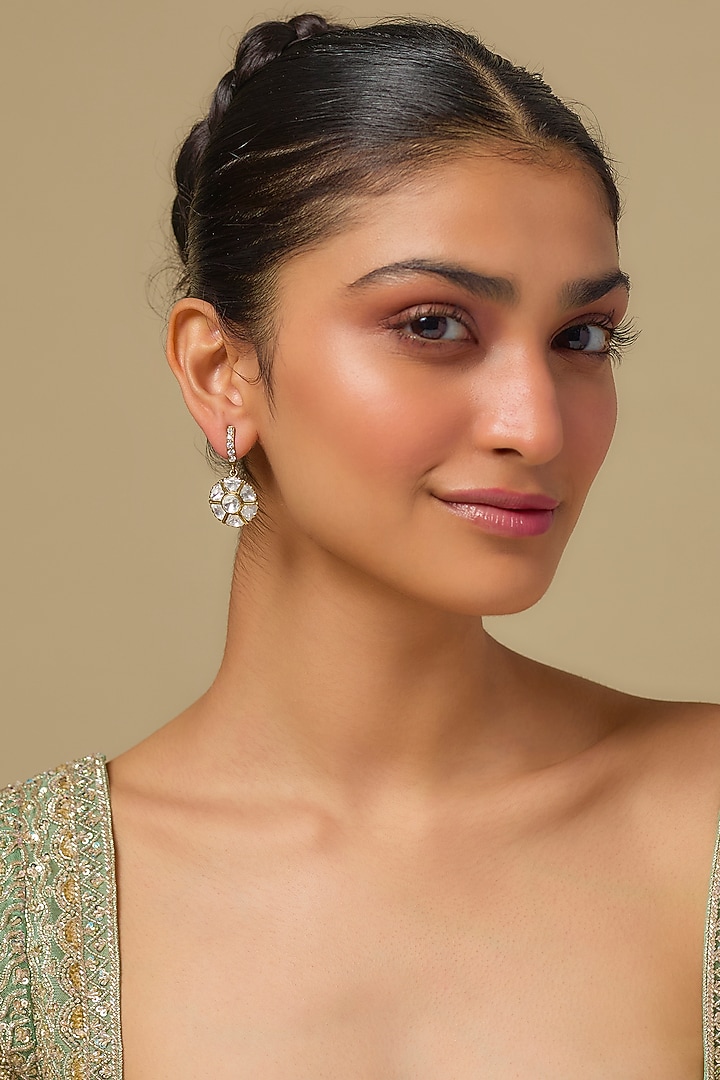 Gold Finish Kundan Polki Dangler Earrings In Sterling Silver by Kiara Luxe at Pernia's Pop Up Shop