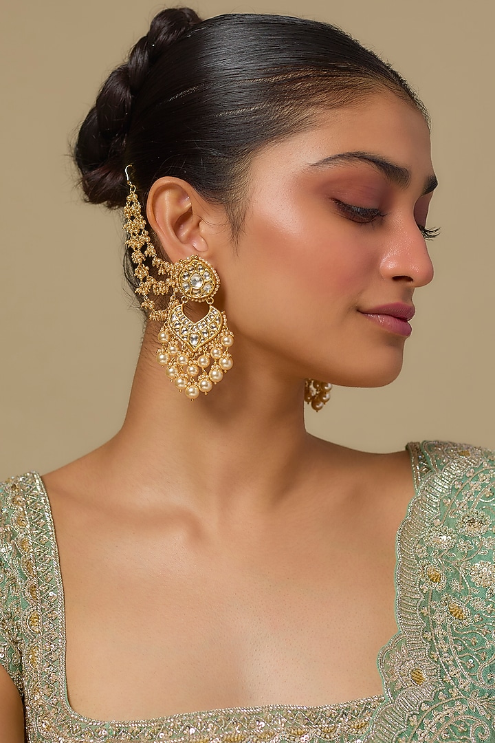 Gold Finish Kundan Polki Chandbali Earrings In Sterling Silver by Kiara Luxe at Pernia's Pop Up Shop