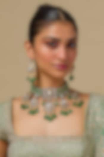 Gold Finish Kundan Polki & Emerald Drop Choker Necklace Set In Sterling Silver by Kiara Luxe at Pernia's Pop Up Shop