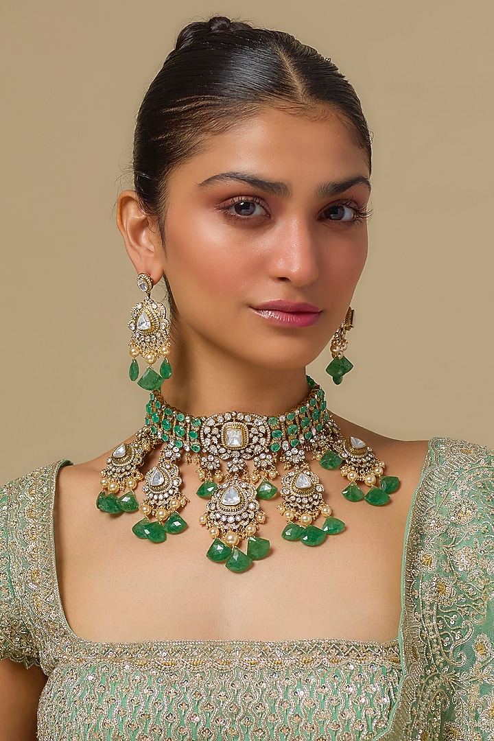 Gold Finish Kundan Polki & Emerald Drop Choker Necklace Set In Sterling Silver by Kiara Luxe at Pernia's Pop Up Shop