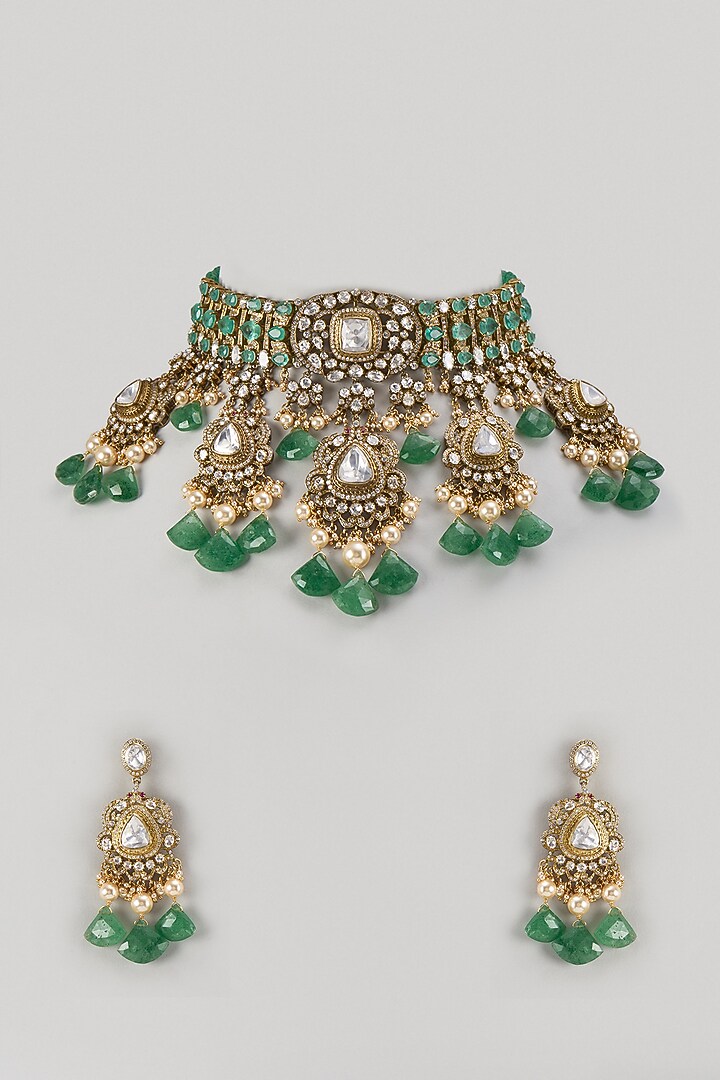 Gold Finish Kundan Polki & Emerald Drop Choker Necklace Set In Sterling Silver by Kiara Luxe at Pernia's Pop Up Shop