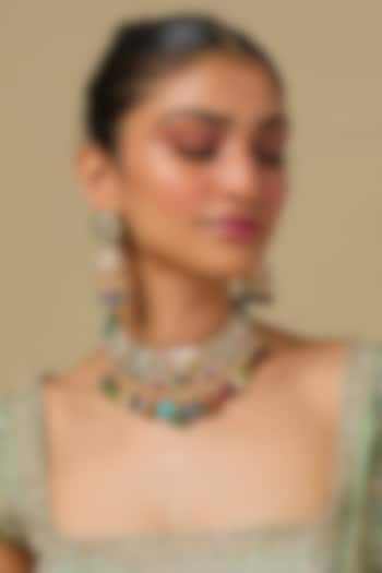 Gold Finish Kundan Polki & Multi-Colored Choker Necklace Set In Sterling Silver by Kiara Luxe at Pernia's Pop Up Shop