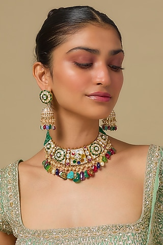 Gold Finish Kundan Polki & Multi-Colored Choker Necklace Set In Sterling Silver by Kiara Luxe