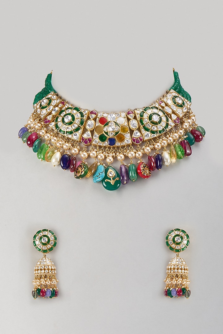 Gold Finish Kundan Polki & Multi-Colored Choker Necklace Set In Sterling Silver by Kiara Luxe at Pernia's Pop Up Shop