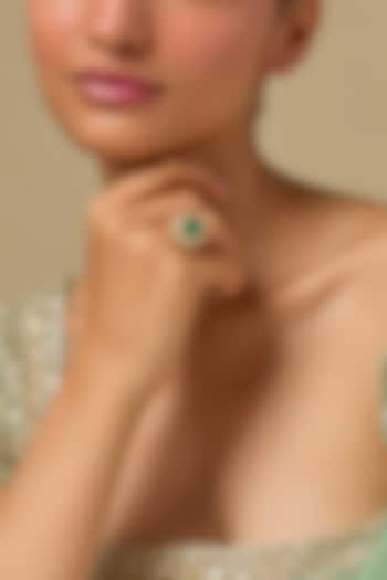 Gold Finish Kundan Polki & Emerald Drop Ring In Sterling Silver by Kiara Luxe at Pernia's Pop Up Shop