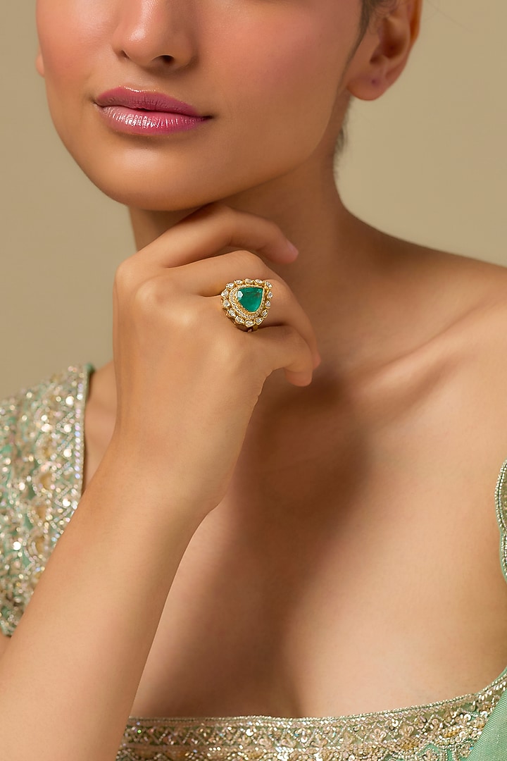 Gold Finish Kundan Polki & Emerald Drop Ring In Sterling Silver by Kiara Luxe at Pernia's Pop Up Shop