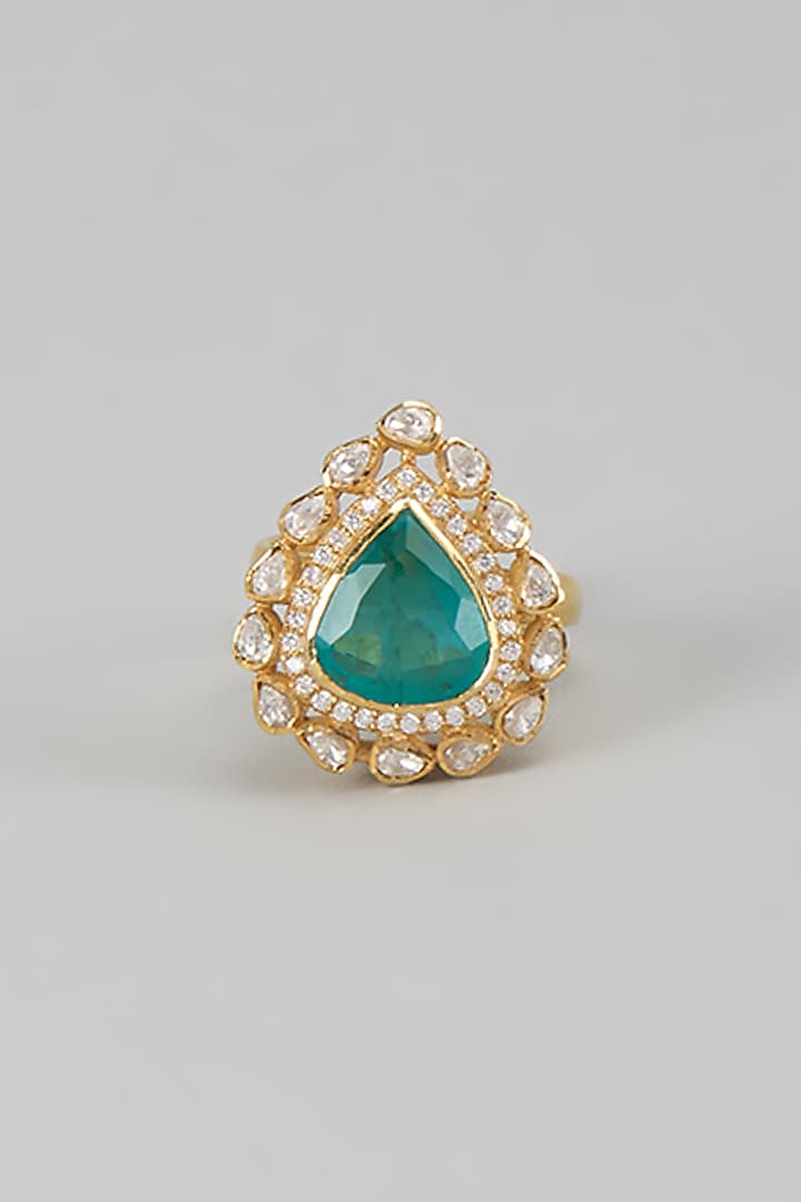 Gold Finish Kundan Polki & Emerald Drop Ring In Sterling Silver by Kiara Luxe at Pernia's Pop Up Shop