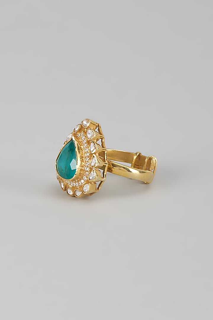 Gold Finish Kundan Polki & Emerald Drop Ring In Sterling Silver by Kiara Luxe at Pernia's Pop Up Shop