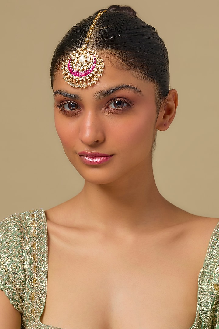 Gold Finish Kundan Polki & Ruby Stone Maangtikka In Sterling Silver by Kiara at Pernia's Pop Up Shop