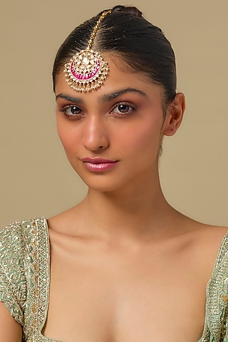 Gold Finish Kundan Polki & Ruby Stone Maangtikka In Sterling Silver by Kiara Luxe