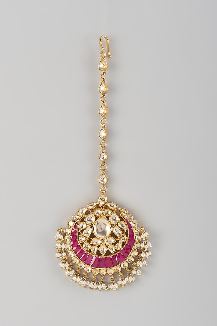 Gold Finish Kundan Polki & Ruby Stone Maangtikka In Sterling Silver by Kiara Luxe at Pernia's Pop Up Shop