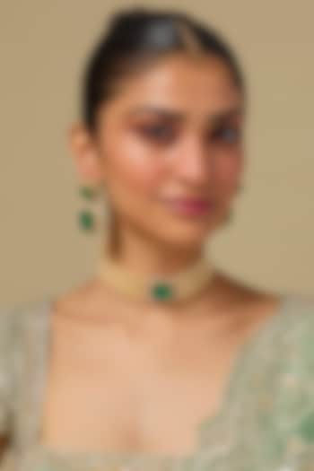 Gold Finish Kundan Polki & Emerald Stone Choker Necklace Set In Sterling Silver by Kiara at Pernia's Pop Up Shop