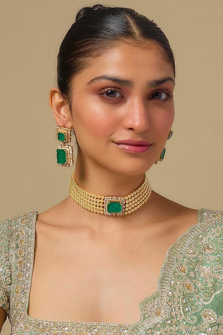 Gold Finish Kundan Polki & Emerald Stone Choker Necklace Set In Sterling Silver by Kiara at Pernia's Pop Up Shop