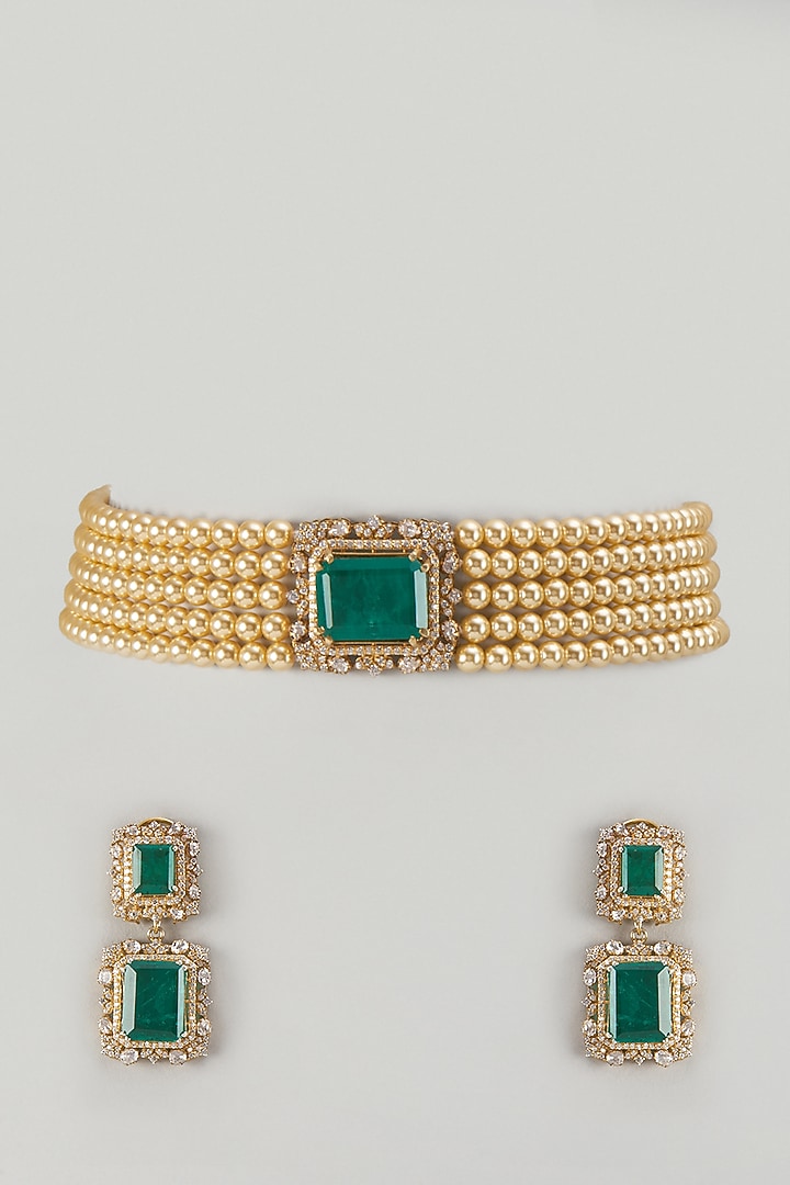 Gold Finish Kundan Polki & Emerald Stone Choker Necklace Set In Sterling Silver by Kiara Luxe at Pernia's Pop Up Shop
