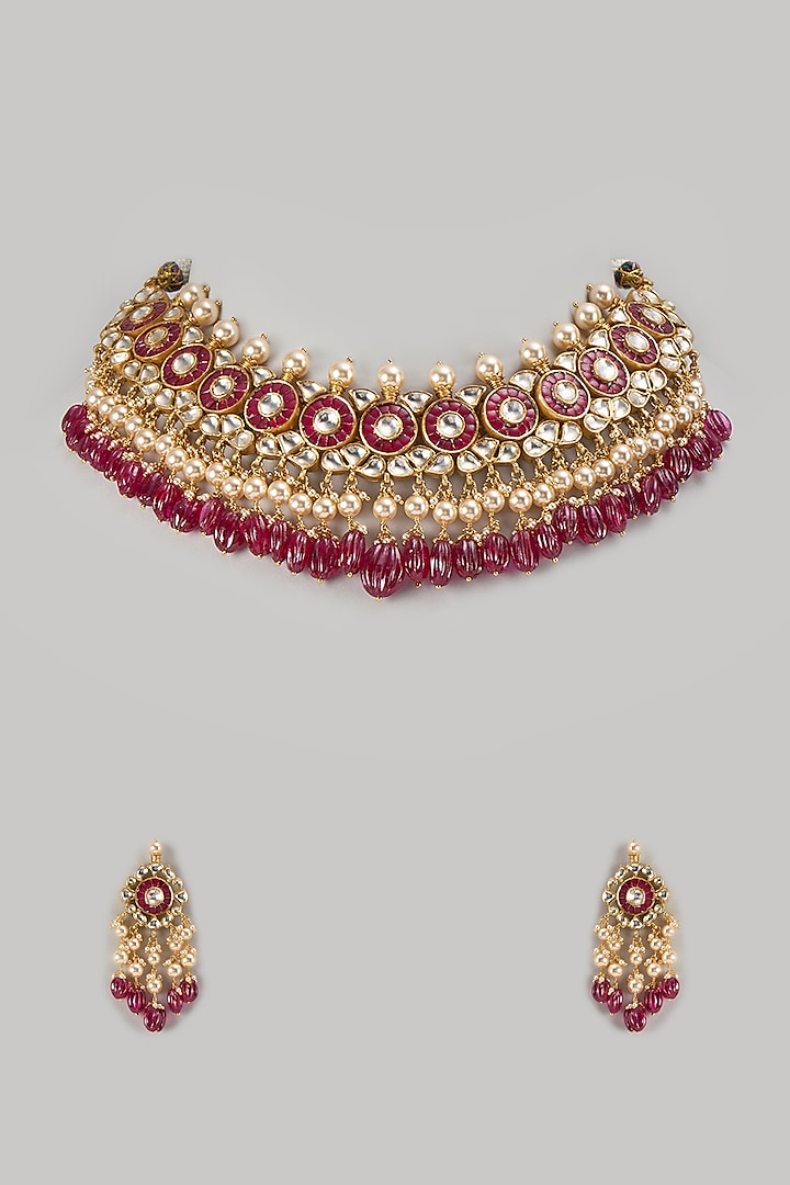 Gold Finish Kundan Polki & Emerald Stone Choker Necklace Set In Sterling Silver by Kiara Luxe at Pernia's Pop Up Shop